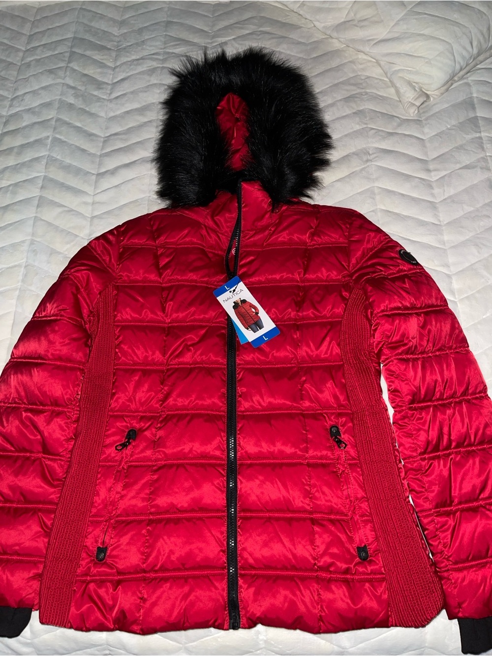 Nautica Red Quilted Hooded Puffer Jacket with Faux Fur Trim